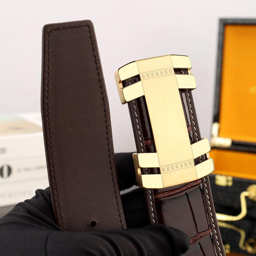 Men's Leather Belt with Crocodile Grain, 3.8 cm Wide Cowhide and Stainless Steel Smooth Plate Buckle