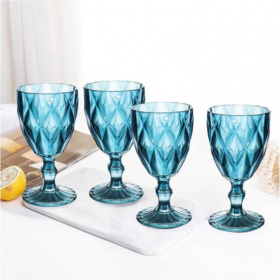 Vintage Wine Glasses Set of 4, Plastic Reusable 12 Ounce Colored Water Goblets, Unique Embossed Pattern Unbreakable Stemmed Wine Glasses, High Clear