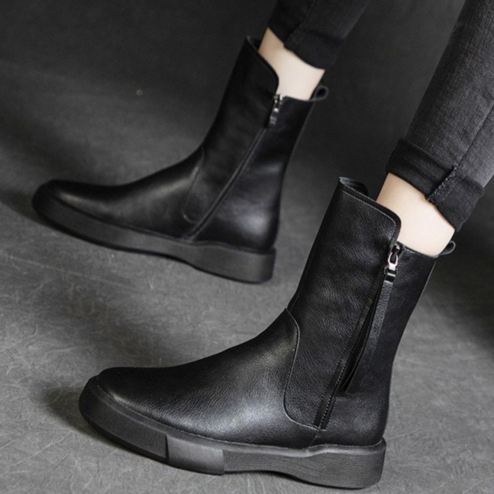 Boots for Women Genuine Leather Flat Boots Women's Autumn and Winter 2025 New Retro Medium Tube Casual Knight Boots Woman