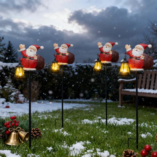 Solar Christmas Lawn Light Outdoor Lighted Santa Claus Garden Stake Metal Snowman Sign with Solar Lantern Waterproof Xmas Decor for Front Yard
