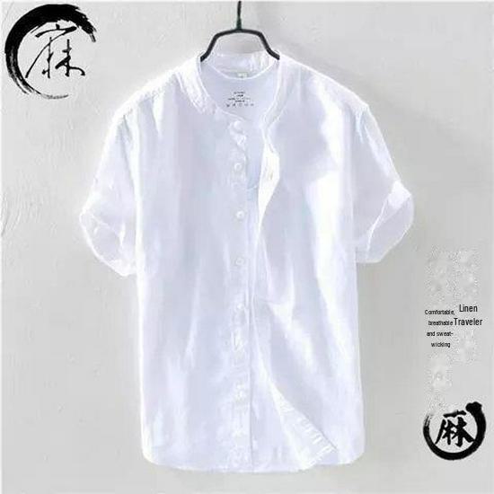 Men's Summer White Linen Shirt - Short-Sleeve, Stand-Up Collar, Japanese Business Casual Style, Loose Fit.
