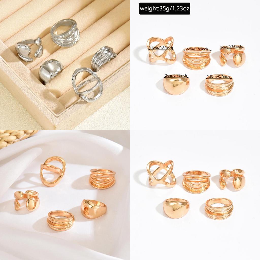 Modern Retro Metal Ring Stack For Women Featuring Geometric Lines For Daily Wear