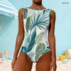 Women Plus Size High Round Neck Sleeveless Tropical Leaf Printed One Piece Swimsuit