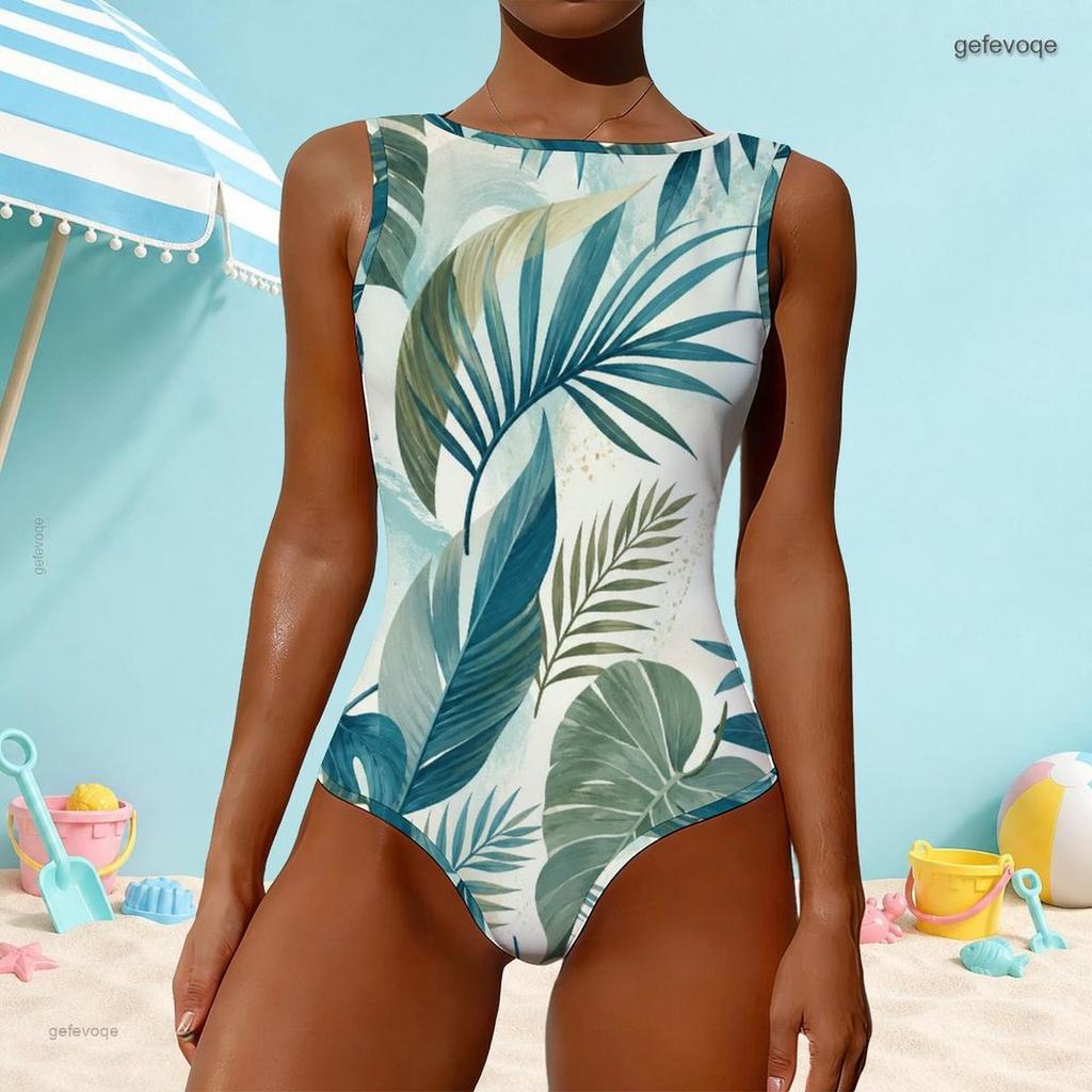 Women Plus Size High Round Neck Sleeveless Tropical Leaf Printed One Piece Swimsuit