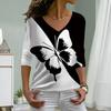 Black and White Butterfly Print Women Tshirts Ladies Tops Long Sleeve V-neck Pullover Femme T-shirts T Shirt For Women