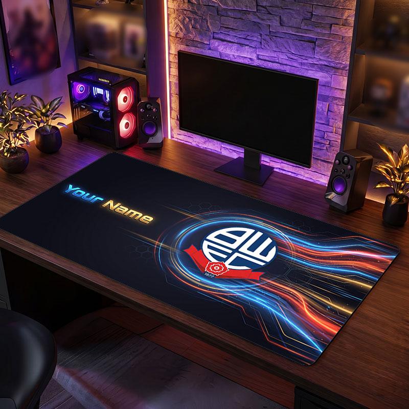 Bolton Wanderers FC Custom Large Mouse Pad, Personalized Name Text Print, Football Logo Non‑Slip Desk Mat Gaming Gift