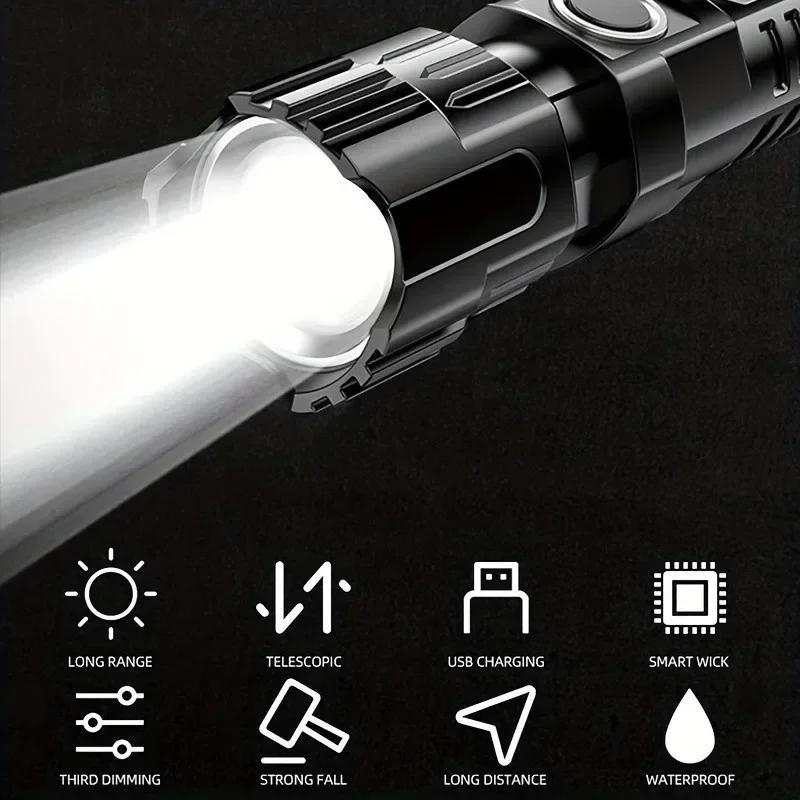 1/2/3Pcs Bright Portable Zoom LED Flashlight Built-in Battery USB-C Rechargeable Emergency Torch Outdoor 3 Lighting Modes
