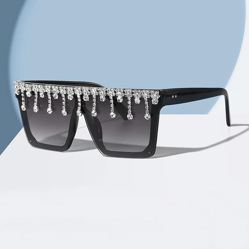 New Fashion Diamond-encrusted Sunglasses  Square Frame Chain Integrated Sunglasses WOMEN'S Large Frame Dazzling Glasses Trend