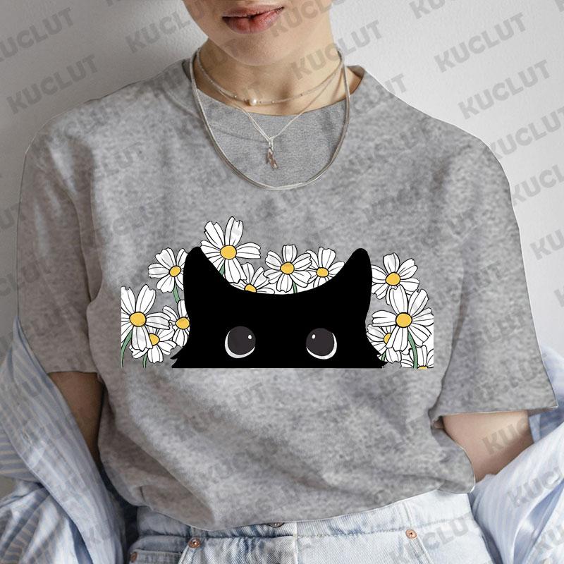 T-Shirt für Damen Schwarze Katzen Print Mode T-Shirt Lässig Rundhals Kurzarm Streetwear Damen T-Shirt Vintage Tee Oberteile