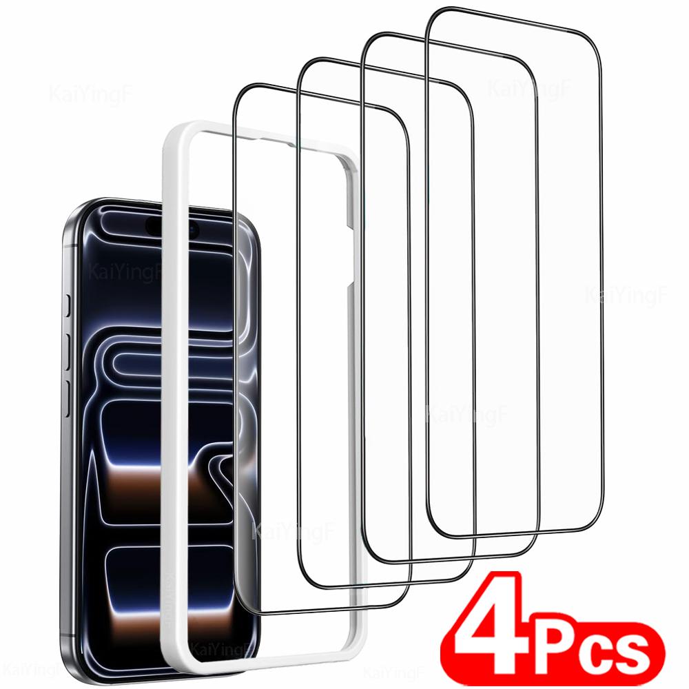 4Pcs 9H+ Hardness Screen Protector For iPhone 17 18 16 15 14 13 12 Pro Max Plus With installation frame Tempered Glass Film2