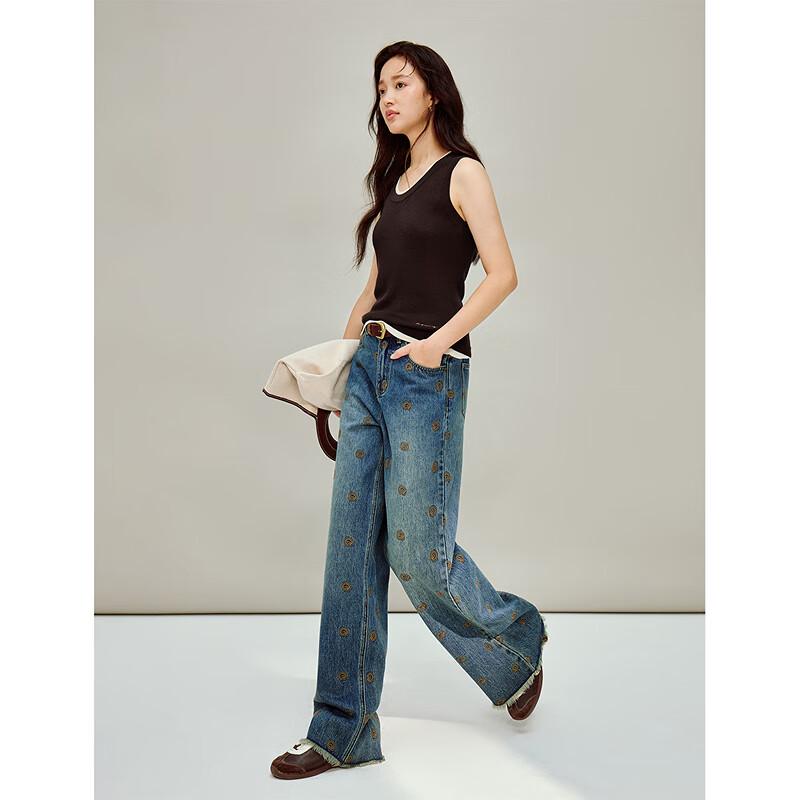 INMAN Color-block Embroidery Frayed Wide-leg Jeans