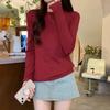Burgundy right-shoulder long-sleeved T-shirt for women in autumn and winter with small stand-up collar, simple and versatile tight-fitting bottoming