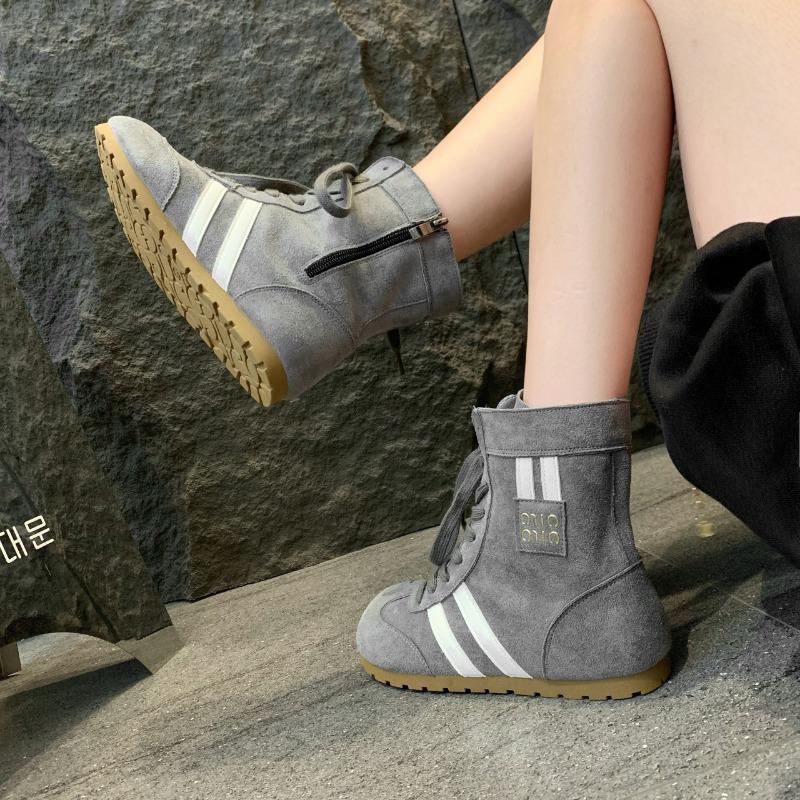 High-top Flat-bottomed Boxing Sneakers Women's New Round-head Versatile Casual Shoes Inner Height-increasing Martin Boots Short Boots