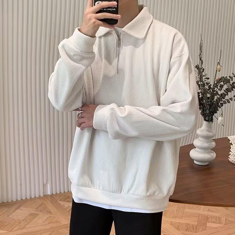 Spring and Autumn New Half Zipper Sweater Men's American Retro Loose Casual Design Niche Top Solid Color Pullover