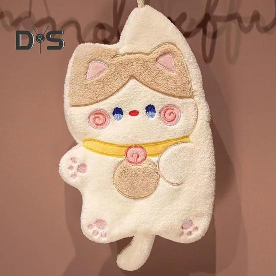 Kitchen Hand Towel Cartoon Cat Shape Highly Water Absorbent Coral Fleece Reusable Bathroom Hanging Towel Home Decoration Face Washing Towel