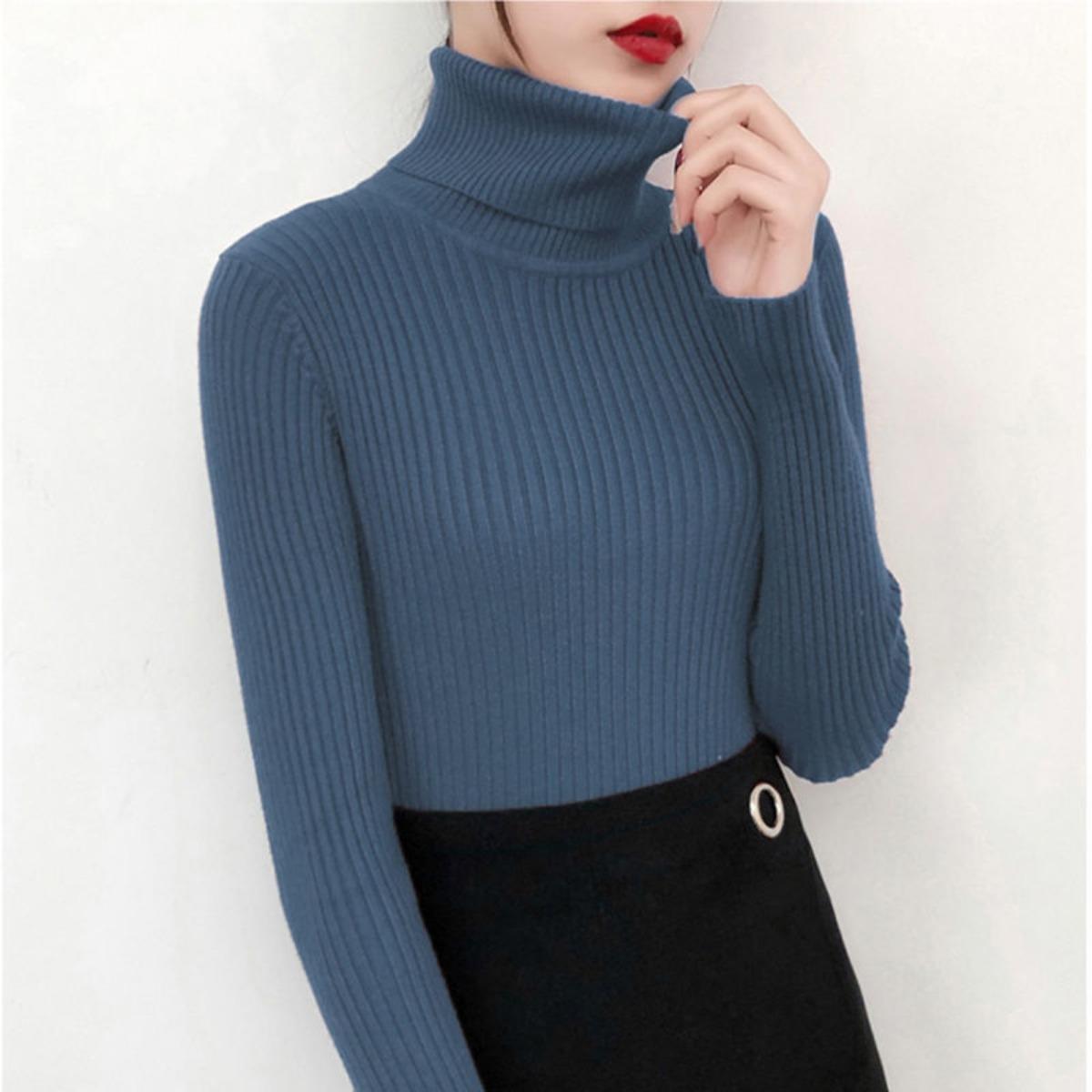 

Свитер с высоким воротником для женщин, облегающий и стройнящий топ для осени и зимы, черная вязаная базовая рубашка со стильным видом XL синий