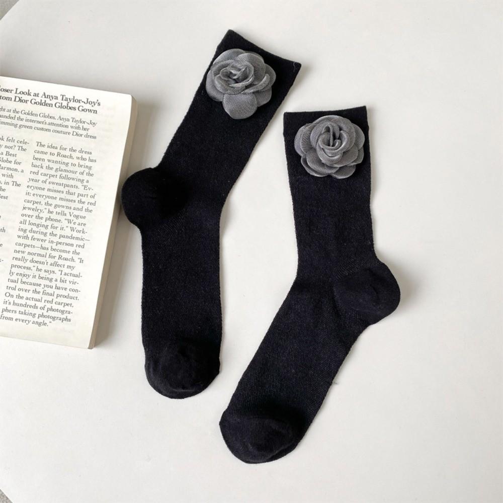 

Sweet Breathable Camellia Cotton Socks Comfortable Simple Retro Korean Flower Socks Mid Tube Socks Casual Wear One Size