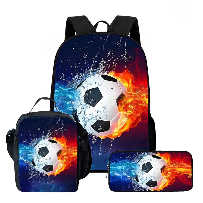 Kids School Backpack Set With Lunch Bag Pencil Case - Football Print Oxford Fabric Ergonomic Design Elementary Students