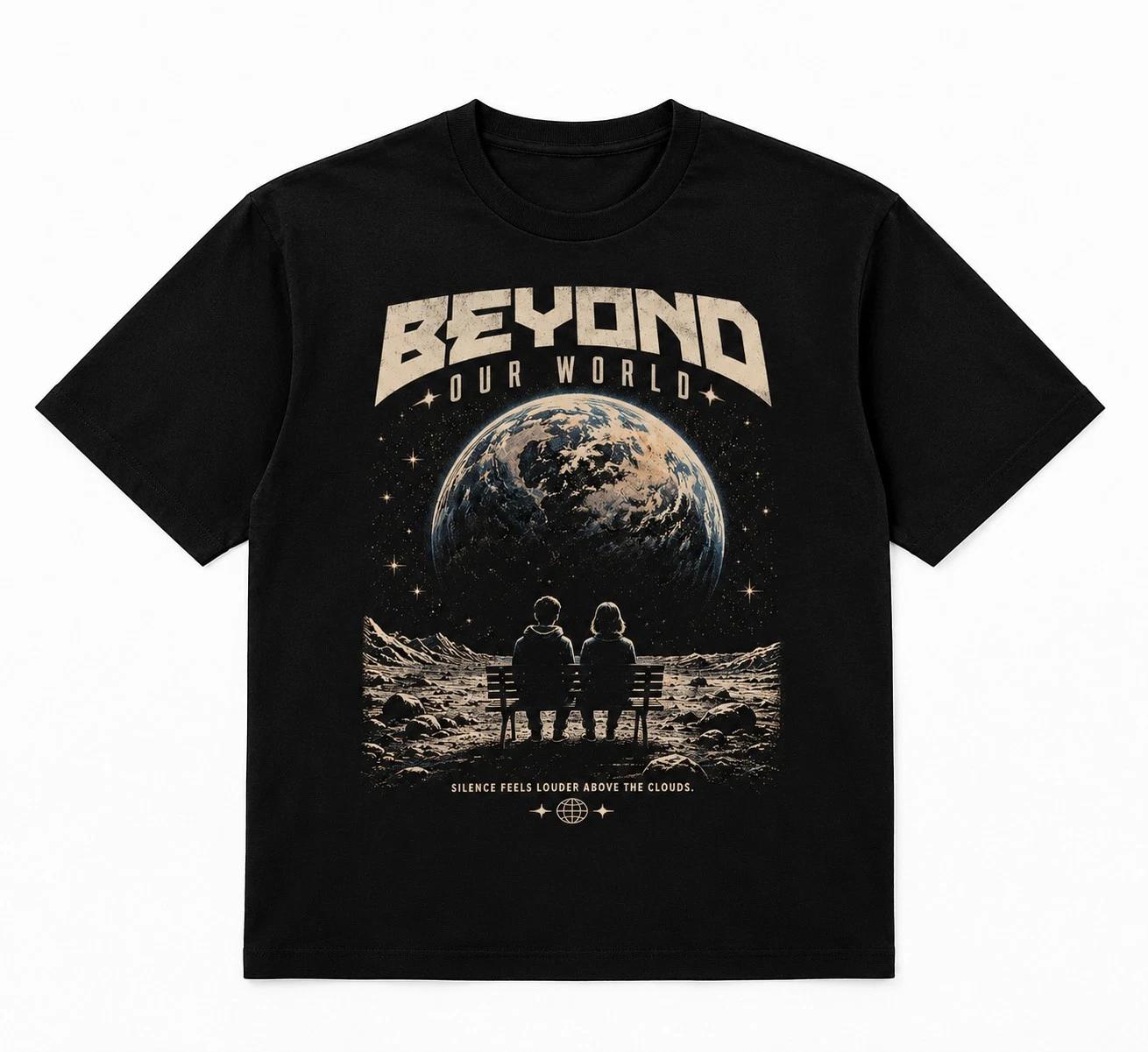 Beyond Our World T-Shirt Retro Space Exploration Earth Moon Graphic Tee Black 4XL