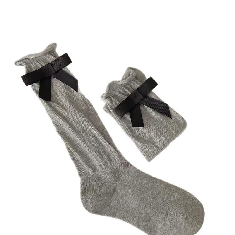 Black, White and Grey Bow Mid-calf Socks, White Ballet-style Socks, Princess-style Autumn Trendy Socks