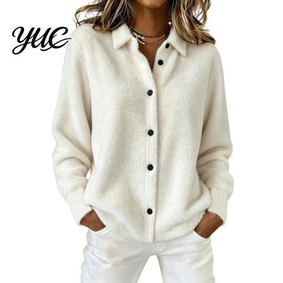 Lapel Shirt Coat Women Plush Cardigan Sweater, Long Sleeve Button Down Knit Jacket, Warm Casual Open Front Outerwear for Autumn Winter