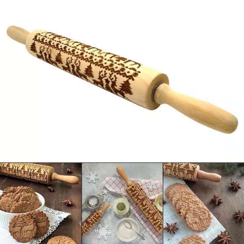 Premium Wood Christmas Elk Snowflake Rolling Pin For Baking Festive Cookies