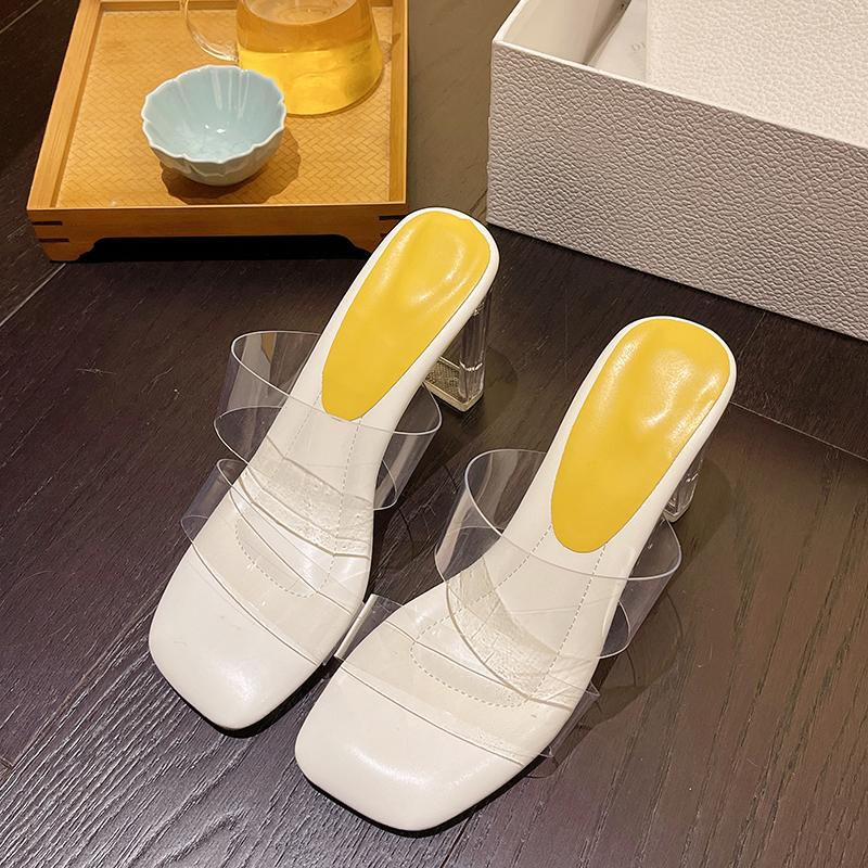 

модные новые летние туфли на высоком каблуке женская обувь модные прозрачные каблуки сексуальные полые дышащие тапочки квадратный носок женские прозрачные каблуки слайды 34 бежевый