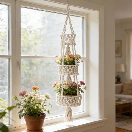 Piętrowy Boho Wiszący Koszyk na Owoce Koszyk Pleciony z Bawełnianej Liny Wieszak na Owoce Pleciony Kosz na Rośliny na Owoce Warzywa Wystrój Domu Balkonu Ogrodu