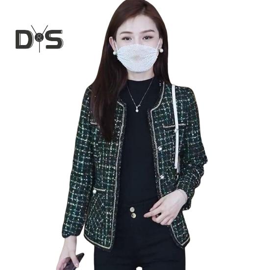 Damska kurtka tweedowa z długim rękawem, zapinana na guziki, krótka marynarka z kieszeniami, płaszcz dwurzędowy w kratę na jesień/zimę