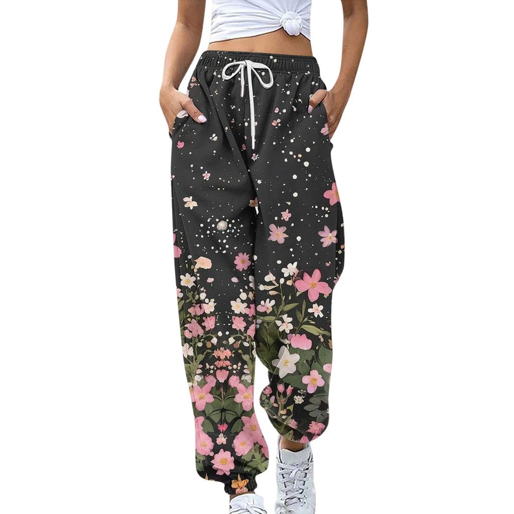 Women's Sports Pants With Pockets Fashion Floral Print Elastic Waist Pants Casual Sweatpants Pants