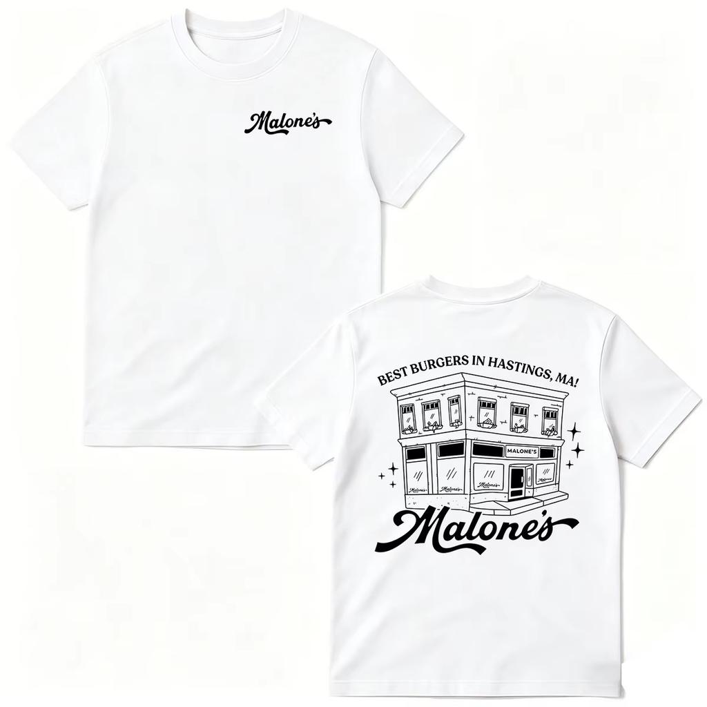 Summer Fashion Trendy Tee Men Women Vintage Top Malone's Bar Off Campus TV Series T-shirts Best Burgers In Hastings MA Briar University