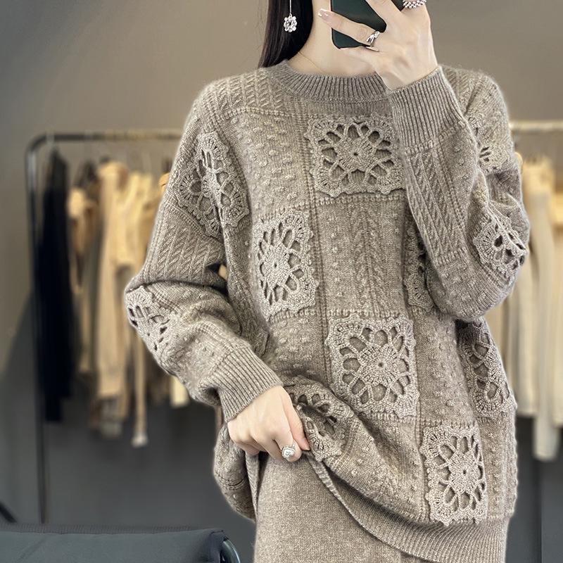 Women's Pure Wool Hollow Out Sweater - Lazy Style Knitwear for Autumn & Winter
