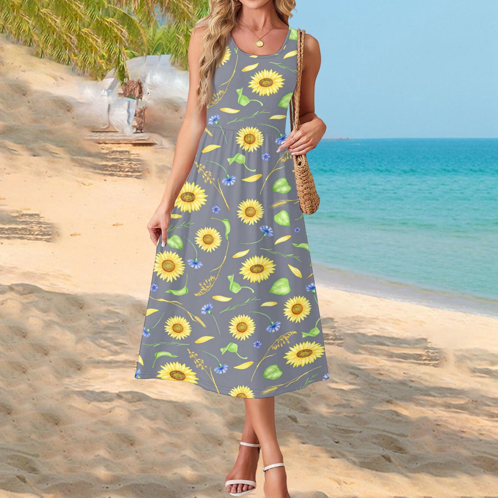 

Fashionable women s summer dress with gradient print, elegant casual wear, beach vacation sun skirt with pocket M шафрановий