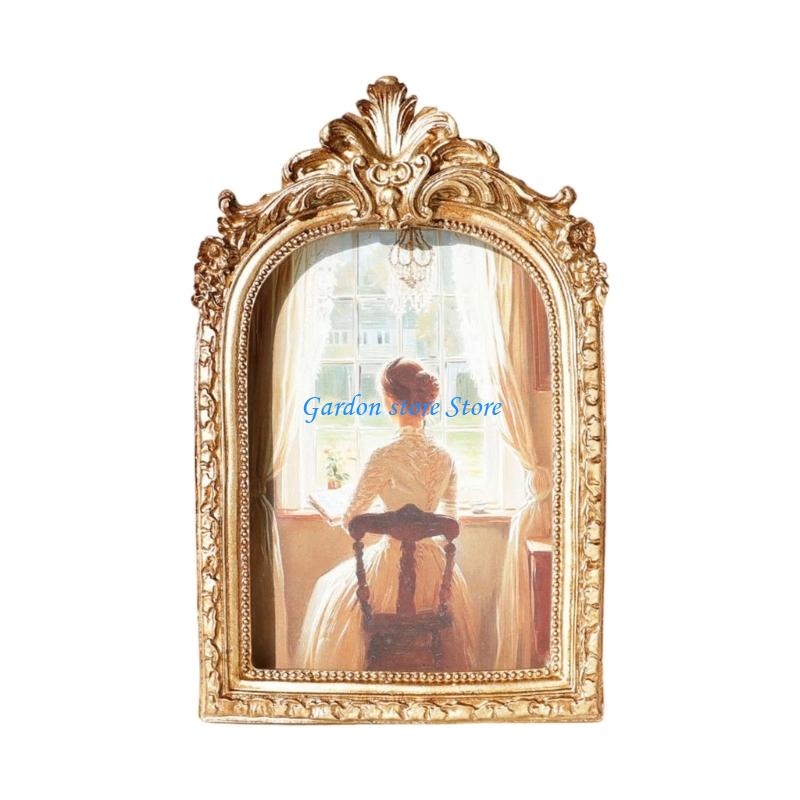 B0KB Florals Embossed Resins Picture Holder Antique Arch Photo Frame Includes Double Display Option Wall Hanging or Tabletop