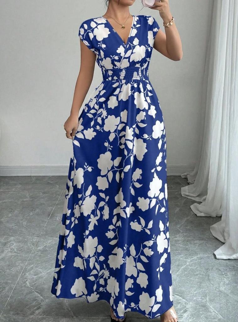 Floral Print V Neck Long Dress With Belt For Summer Casual Womens Wear