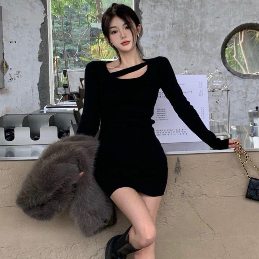 Hip skirt 2026 new Spice Girl dress long sleeve autumn and winter royal sister women s clothing tight black short skirt slim fit S чёрный