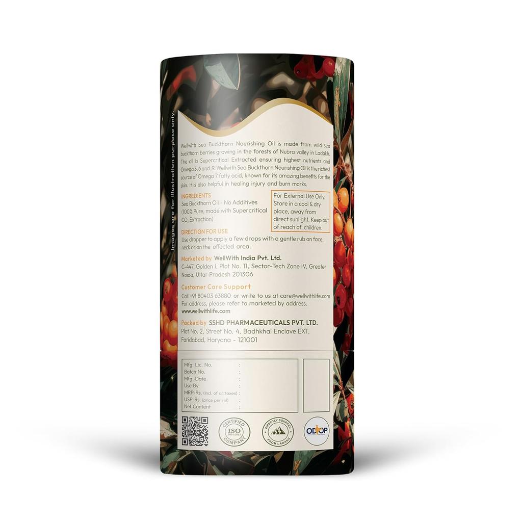 Wellwith (Ayuzera) Sea Buckthorn Berry Oil 10ml Face Hair Serum Nourishing Anti-Aging Omega 3 6 7 9 For Glowing Radiant Skin