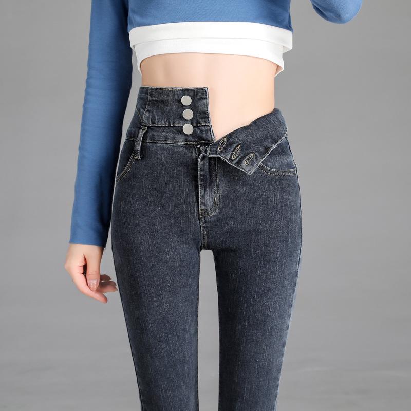 High-Waist Skinny Velvet-Lined Jeans - Women's Casual Japanese Korean Style, Autumn/Winter 2025.