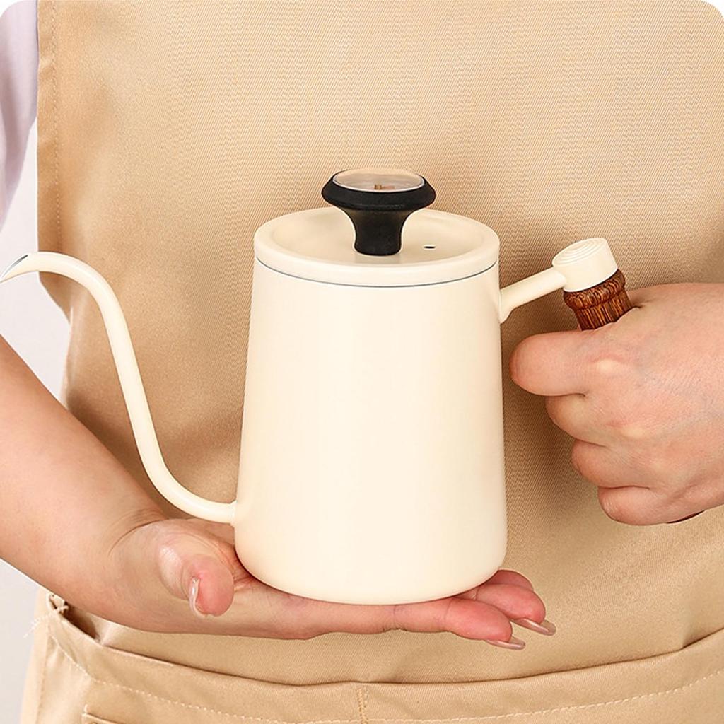 600ML Coffee Brewing Pot 304 Stainless Steel Water Pot with Temperature Meter Wood Handle   Spout