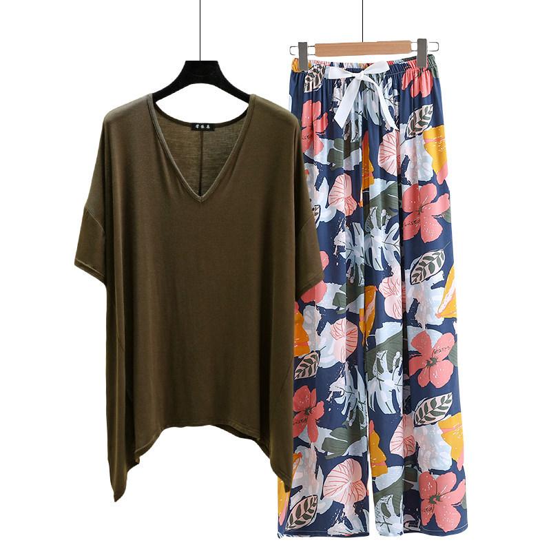 irregular Tshirt and floral wide leg pants summer women's casual pajamas sets Short sleeve homewear suit Loose lightweight Loungwear Plus size