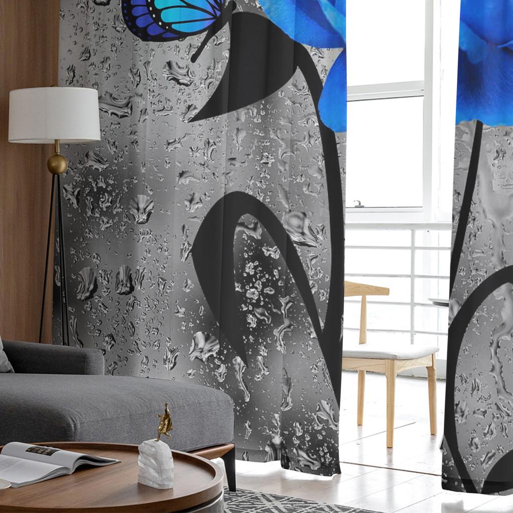 Blue Rose Flower Butterfly Glassy Gauze Curtains For Children's Bedroom Kitchen For Living Room Holiday Decor Voile Curtain