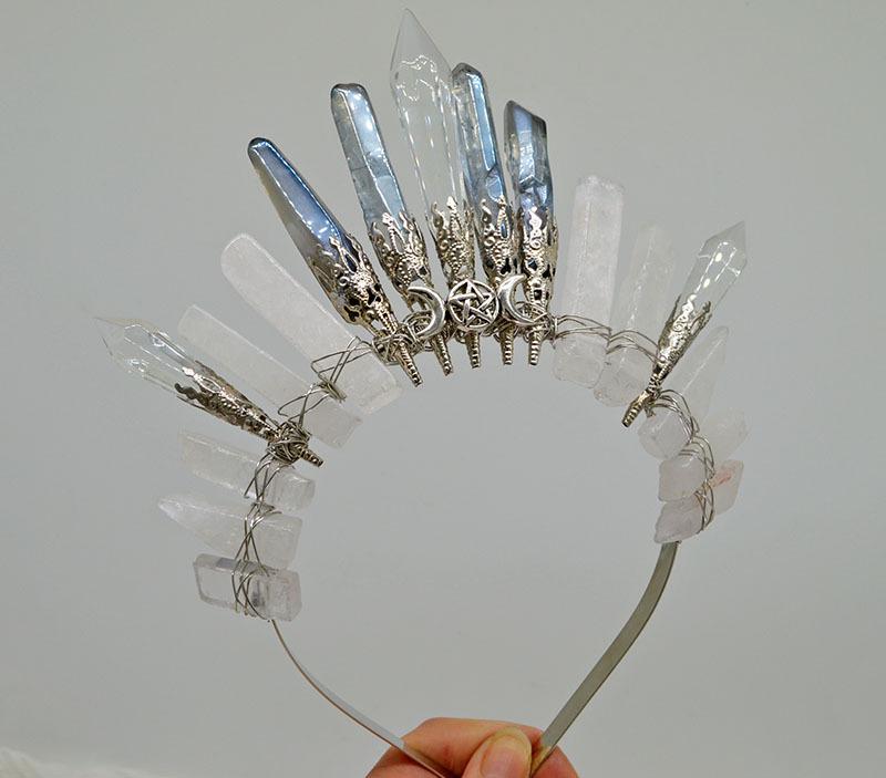 Retro Silver Moon Crystal Glass Crown Headband