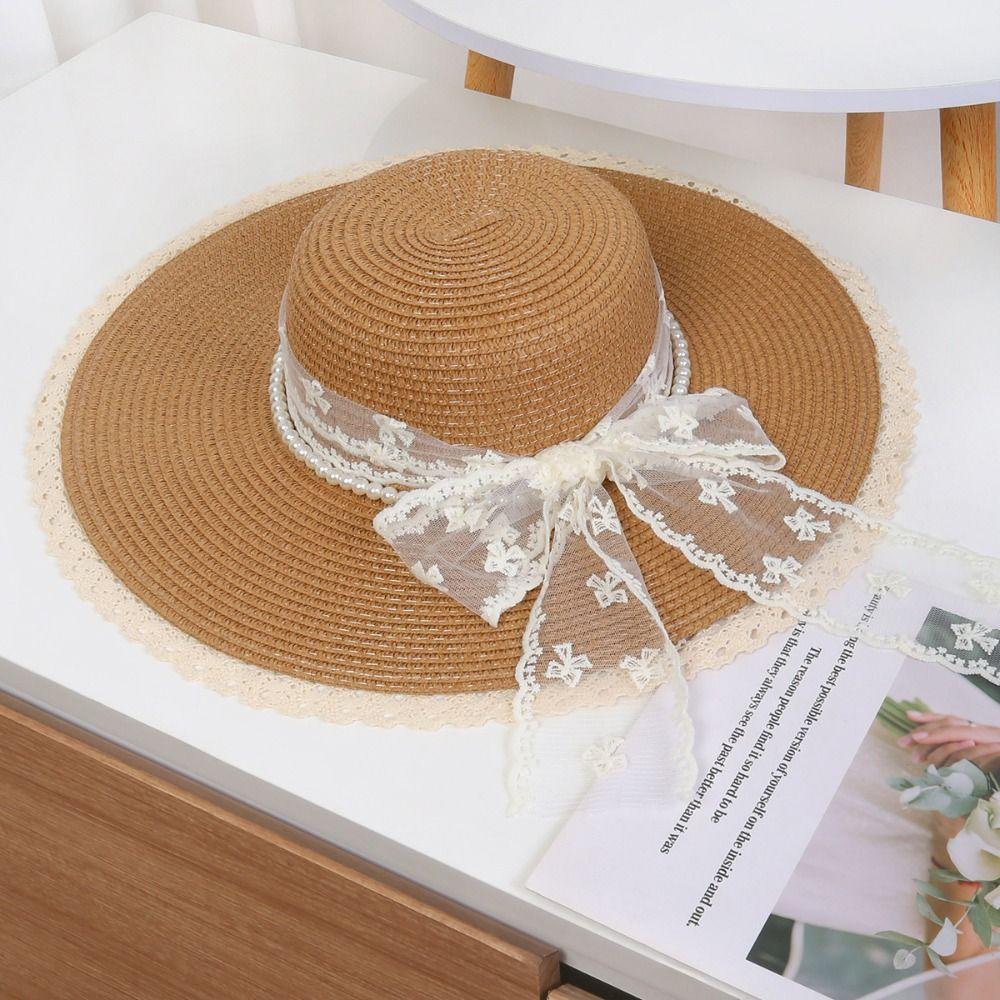 Elegant Weave Bucket Hat Pearl Chain Lace Tied Sun Hat Fashion Wide Brim Straw Hat  Party