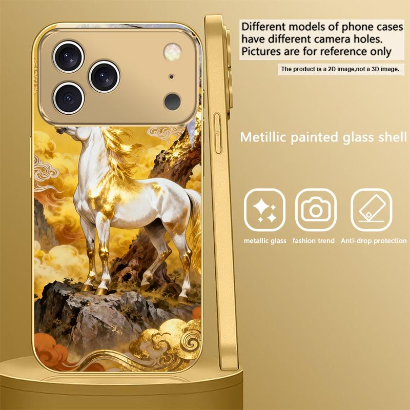 

tall and sturdy horse For IPhone 17Pro Max 16 17 Pro 15 Pro 14 13 Plus 12 Mini 11Pro Max XR 16E 17 Air Golden glass phone case iPhone 13 mini