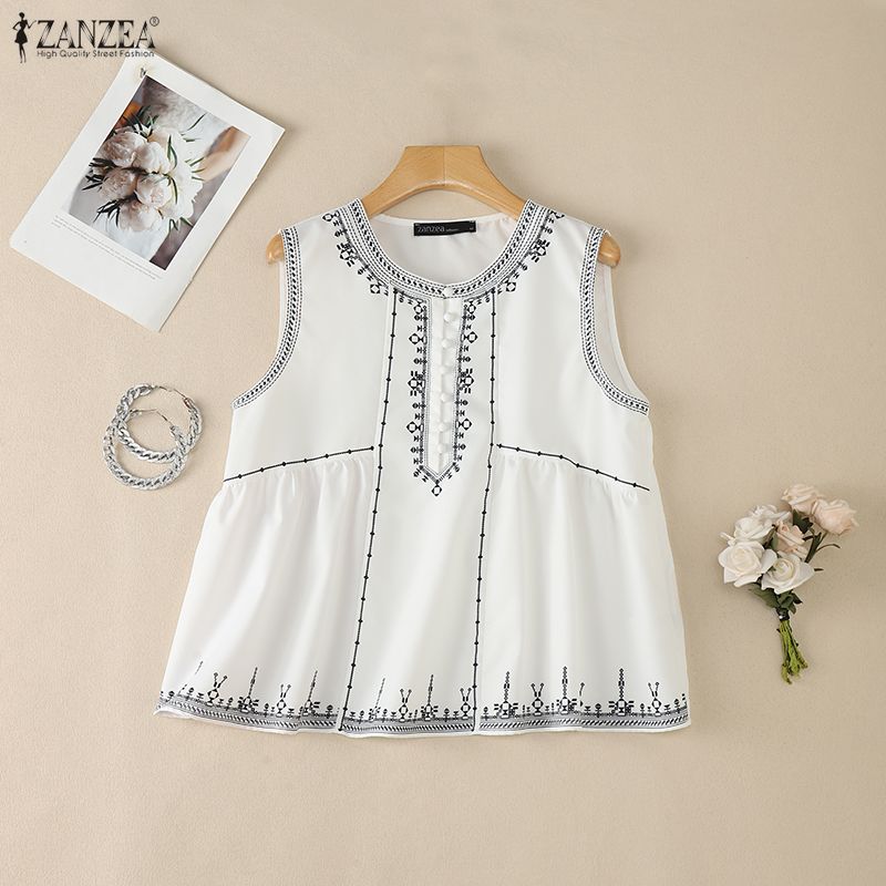 ZANZEA Women Casual Round Neck Loose Sleeveless Print Tank Tops