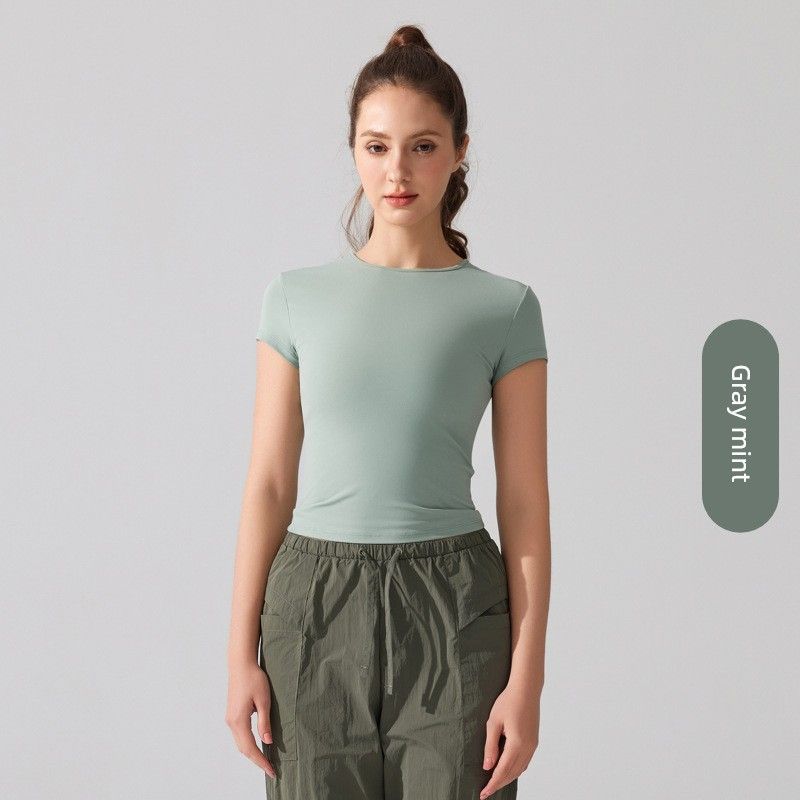 

European and American round Neck Blazer Short sleeve Breathable Quick-Drying Yoga T-shirt Waist Hugging Slim fit Running Fitness Vest Top Gray mint M