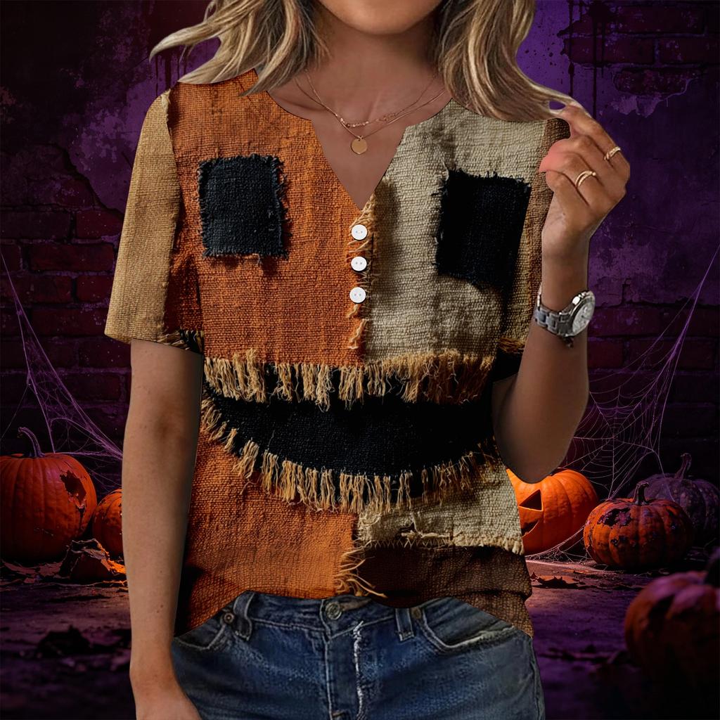 Women’s Fashion Casual Halloween Print V Neck Short Sleeve Decorative Button T Shirt Top for Autumn Daily Wear
