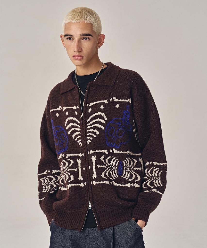 SUPERSUB Skeleton Heart Knit Zip-Up - Brown
