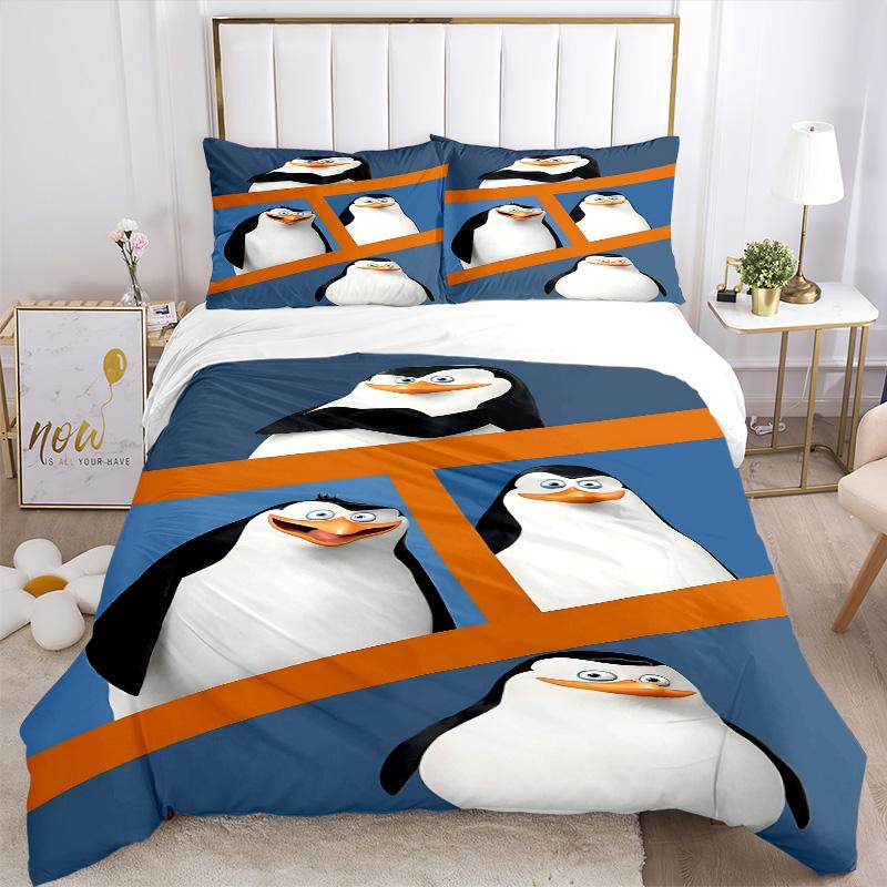 Four Cartoon Penguins Print 3Pcs Bedding Set,Duvet Cover with 2 Bedro,Pillowcase Home Birthday Gift