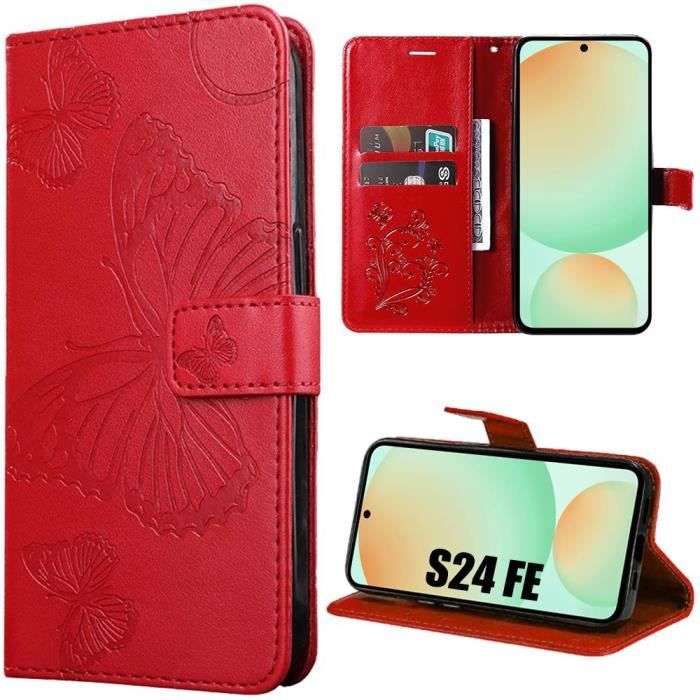 Case - BOOLING - for Samsung Galaxy S24 FE - Red Synthetic Leather - Butterfly Pattern - Elegant